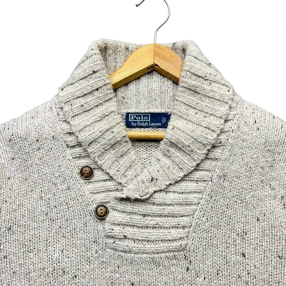 VTG Polo Ralph Lauren Alpaca Wool Blend Sweater Buttons Knit Beige Y2K Mens L